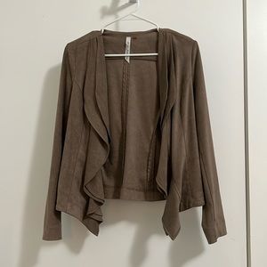 NY Collection Soft Suede Open Front Drapey Moto Jacket with Ruffled Lapel Small